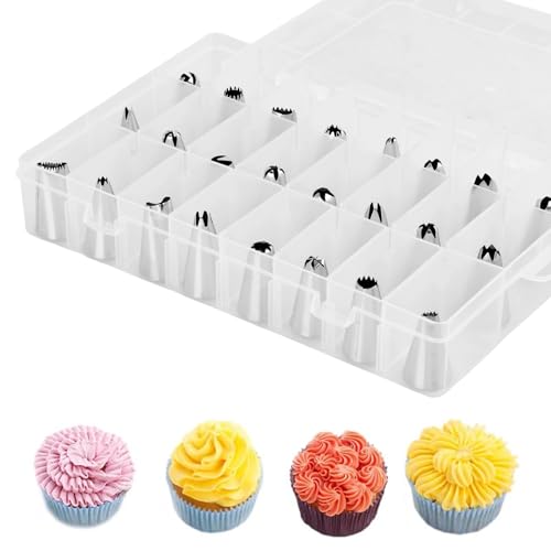 24 Pezzi Bocchette Decorative per Pasticceria, Set di Beccucci per Sac a Poche Professionali, Acciaio Inossidabile Bocchetta Utensili per Torte, Ugelli di Tubazioni per Glassa Cupcakes (24 pcs A)