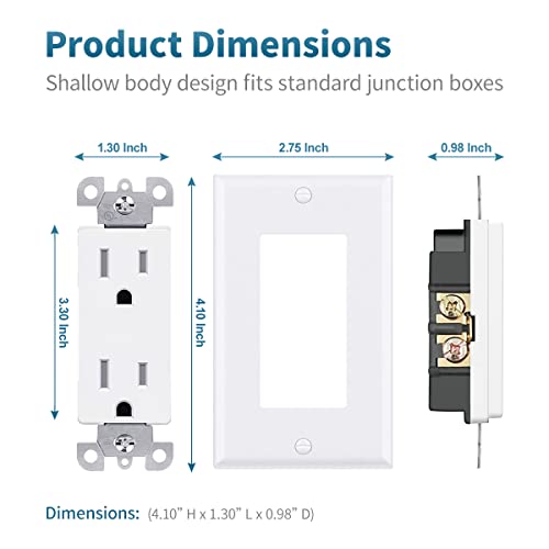 Outlet Socket, Decora Receptacle, 15 Amp, 125 Volt, Tamper Resistant, Grounding With Wall Plates Ul Listed White 50Pack Micmi (15A) #TOP3