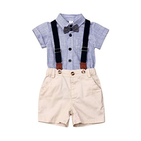 Baby Boy Gentleman Suit Outfits Baby Boys Clothes Sets Formal Bowtie Shirt Suspender Pants 2Pcs Baby Boy Summer Clothing Sets (0-6 Months,B Blue) Cover