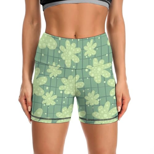 Cute Daisy Print High Waist Yoga Shorts for Women Athletic Shorts Leggings Running Pants Black