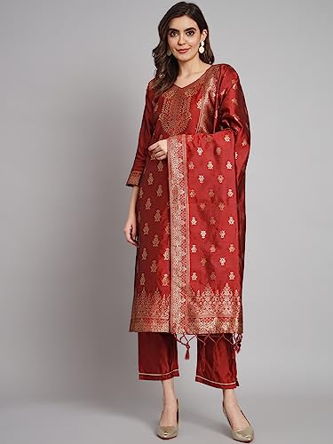Image of VredeVogel Women's Cotton Silk Jacquard Kurta Pant Set with Banarasi Silk Dupatta