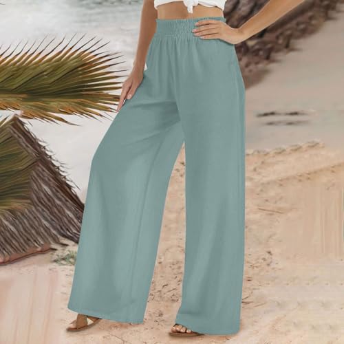 Women's Linen Wide Leg Pants Summer Boho High Waist Palazzo Lounge Pant Trousers Elastic Waist Beach Travel Outfits4