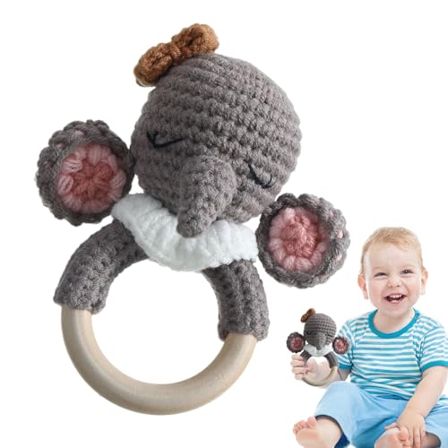 ウッドベイビーガラガラのおもちゃ、赤ちゃんガラガラのおもちゃ | 手作りのかぎ針編み動物のガラガラ | 教育的ななだめるようなおもちゃ、ベビーシャワーの装飾男の子のための動物のぬいぐるみ