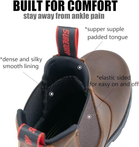 SUREWAY Men's Slip-On Work Boots for Men,Full Grain Leather,Anti-Static,Water/Slip Resistant,Fire Station Mechanic Industrial Construction Safety Boots/Shoes for Men,Soft Toe Brown,Size 83