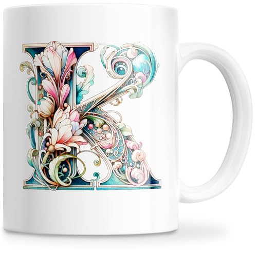 Cheerset Tazza con Lettera e Iniziale – Tazza da Caffè Personalizzata con Alfabeto e Motivo Floreale – Tazza Personalizzata, Tazza Regalo per Donna, Mamma, Signora, Amica – Regalo di Compleanno, Festa