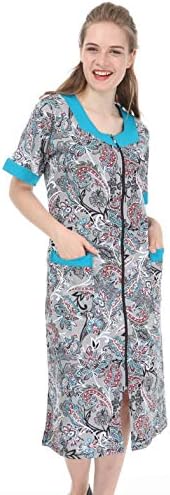 Brighton Robes La Serren Womens 100% Cotton Zipper Front Short Sleeve Summer Dress Robe House Dress (L, Blue Paisley)