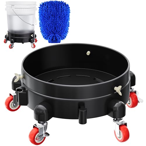 Heavy Duty 5 Gallon Bucket Dolly with 5 Swivel Casters Professional Rolling Water Bucket Creeper for Car Detailing & Washing 310 lbs Capacity 2 Locking Brakes Includes Premium Wash Mitt
