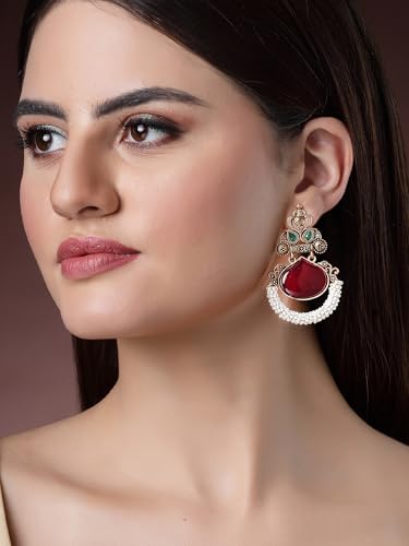 Image of Karatcart Red Stone Studded Gold Plated Drop Earrings for Women