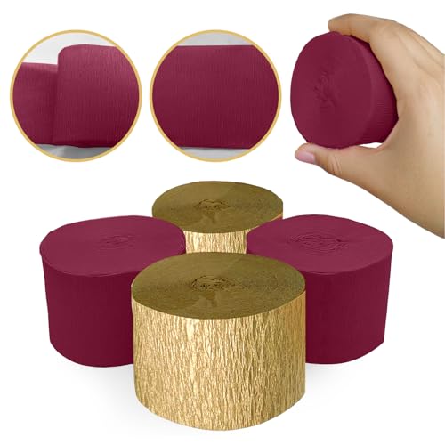Image of 4 Crepe Paper Streamers Rolls, 328ft Pack of Burgundy and Gold Crepe Paper for Birthday Graduation Anniversary Party Decorations DIY Supplies for Flowers Making (1.8 inch x 82 ft /Roll)