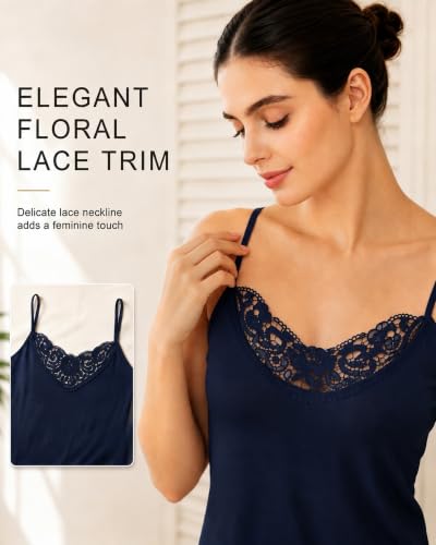 Image of Womens Tank Top Camisoles with Premium Cotton Italian Design - Trimmed with Flower Lace on Neckline