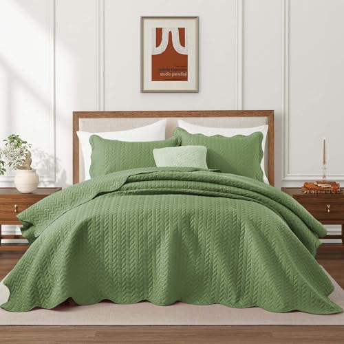 IR Imperial Rooms Queen Quilt Bedding Set Size (90" x 96") + 2 Pillow Shams (20" x 26"+ 2") - 3 Pcs All Season Lightweight Reversible Microfiber Coverlet Embossed Quilt Bedspread (Olive Green)