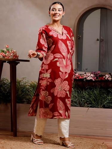 Image of Rimeline Women's Cotton Floral Printed Kurta with Notch Neck Detail | Straight Fit Ethnic Wear for Office, Casual & Everyday Styling