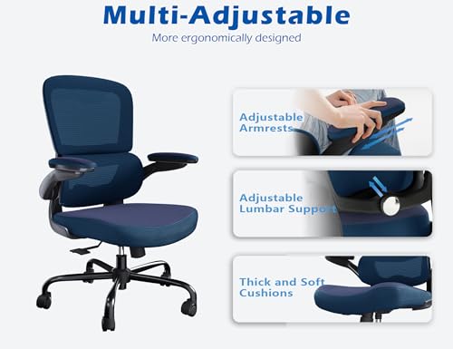 Image of TRALT Ergonomic Office Chair - Desk Chair with Adjustable Lumbar Support Computer Chair - Mesh Comfy Chair with Flip-up Armrests - Gaming Chairs for Adults Home Office (PU Leather, Navy Blue)