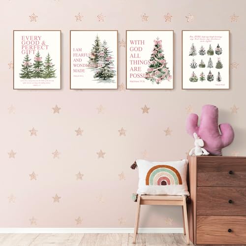 Image of LARTSFRO Coquette Pink Bow Christmas Tree Gifts Wall Art Decor Posters, Pink Bow Christmas Christian Room Bathroom Bedroom Dorm Wall Art Decor Aesthetic for College Teen Girls Gifts, Inspirational Bible Verses Bow Wall Decor, 10x8 Inch Set of 4 Pcs Christmas Pictures (UNFRAMED)