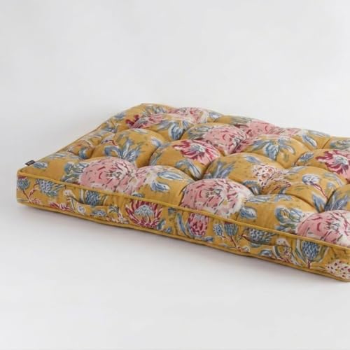 Image of Low Seating Floor Cushion 70 x 152 cm with 2 Back Support Cushions | Thick Quilted Cotton Floor Mattress Pad | Floral Printed Gadda for Sitting, Meditation, Yoga & Living Room Floor Seating