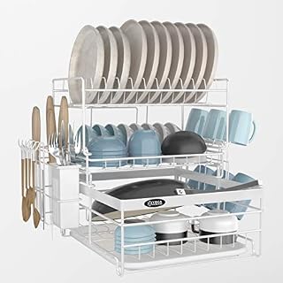 YINGAVERSAI Dish Drainer Rack Stainless Steel with Drip Tray, Large 3 Tier Dish Drying Rack with Cup/Cutting Boards/Cutlery Holder, Black Plate Drainer Draining Board Rack for Kitchen Counter