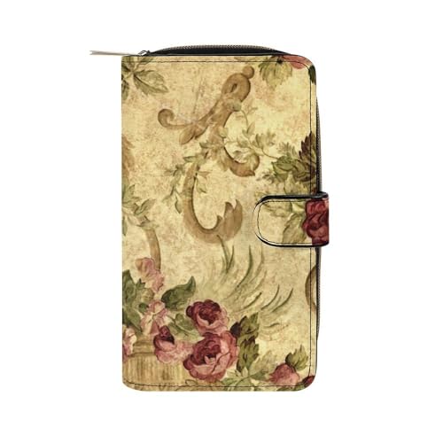 Floral Rose Victorian Style Leather Multifunctional Wallet with 12 Card Slots for Unisex