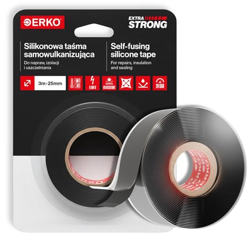 ERKO Cinta de silicona autosellante Negro, Impermeable 3 m de largo 25 mm de ancho Ideal para reparación de mangueras, reparación de cables, cinta de reparación, adhesiva