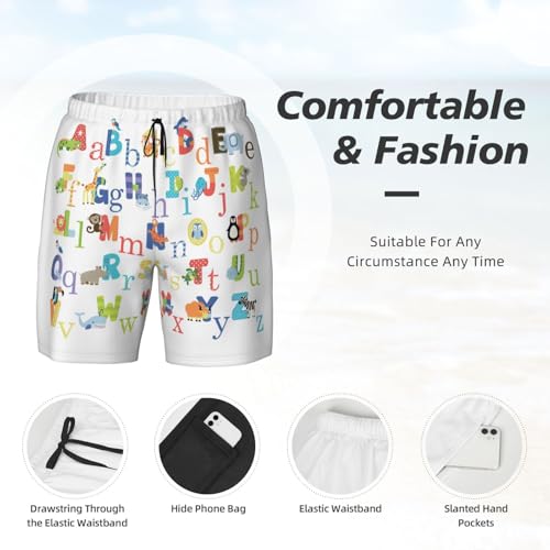 Men's Colourful Animal Alphabet Print Quick-Dry Mesh Swim Trunks Stretch Lining Beach Shorts Surfing Summer Vacations Black4