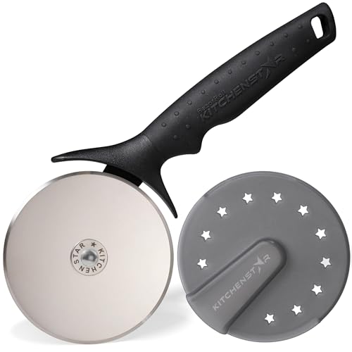 KitchenStar Pizza Cutter Wheel - 304 Stainless Steel Slicer Knife with Super Sharp Blade, Anti-Wobble Axle Mechanism, Ergonomic Non-Slip Handle & Protective Cover, Dishwasher Safe KitchenStar Pizza Cutter Wheel - 304 Stainless Steel Slicer Knife with Super Sharp Blade, Anti-Wobble Axle Mechanism, Ergonomic Non-Slip Handle & Protective Cover, Dishwasher Safe
