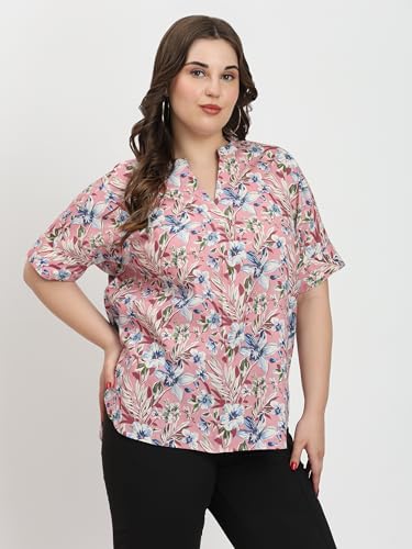 Image of SINDOORI Relaxed Fit Tops for Women Plus Size Solid Printed Mandarin Collar, Band Collar, V-Neck Top, Half Sleeve Loose Fit