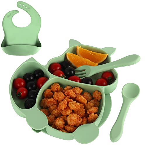 Image of Fu Store Baby Feeding Set Silicone Suction Plate Squirrel Shape Self Feeding Training Stay Put Soft Spoon Fork Adjustable Bib Toddler Dish Kit Microwave Dishwasher Safe (Green)