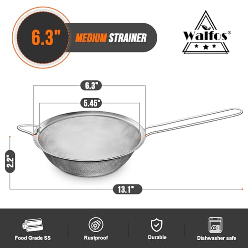 Walfos 6.3 Inch Fine Mesh Strainer, Premium Stainless Steel Sieve and Sifter with Handle, Kitchen Metal Strainers for Rice, Quinoa, Fruits, Noodles, Flour