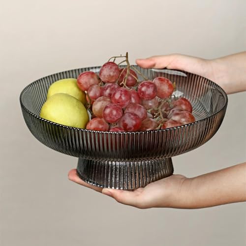 Image of Modern Ribbed Glass Fruit Bowl with Pedestal Stand 10 Inch Set of 1, Luxury Fluted Glassware Pedestal Bowl for Fruit, Salads, Decor (Black Color)