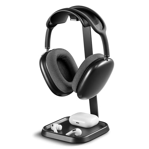 QinCoon Support Casque, Support de Écouteurs incurvé avec Plateau de Rangement, Porte Casque de Jeu à Base pour AirPods Max, Beats, Bose, Sennheiser, Sony et Plus (Noir)
