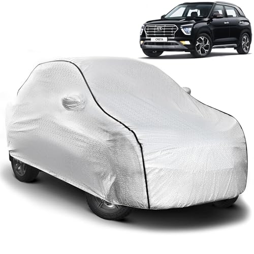 Image of Pivalo Car Cover for Hyundai Creta All Model & Years (2015-2024) 100% Waterproof with Mirror Pockets, Triple Stitched Bottom Elastic Dustproof Full Body Protection (Heat & UV Resistant, Silver)