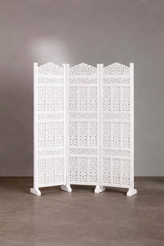 Image of Home & Goods International Wooden Room Divider Partition - Foldable Wood Screen Separator for Living Room, Bedroom, Office, Restaurant || Kangra Badrun Design, White (3 Panel with Stand)