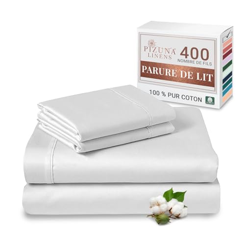 Pizuna 400 Fils Coton Draps Set 180x200 Blanc, 4pc 100% Coton À Longues Fibres Parure de lit Satin Doux Comprend 1 Drap-Housse, 1 Drap Plat & 2 Taies D'oreiler.