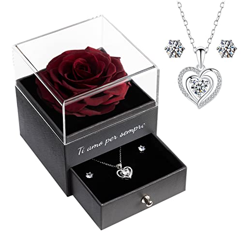 Yamonic Rosa Eterna con Juego de Joyas Brillantes, Regalo Cumpleaños Mujer, Rosa Eterna Natural Preservada, Te Amo para Siempre en Italiano, Regalo de San Valentín para Ella,Rosa Real