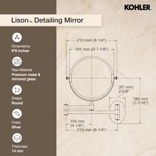 Image of Kohler Lison Detailing Mirror with 2x Magnification | Wall Mounted Round Mirror | Swing-out Extendable Frame | Double Sided Mirror for Shaving, Makeup | 3 Years Warranty, 180 mm