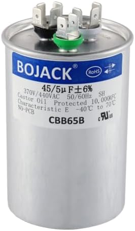 BOJACK 45+5 uF 45/5 MFD ±6% 370V/440VAC CBB65 Dual Run Circular Start Capacitor for AC Motor Run or Fan Start or Condenser Straight