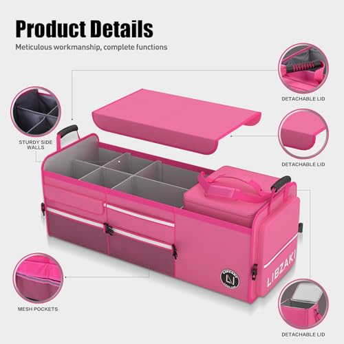 Image of LIBZAKI Oversize 4 in 1 Car Trunk Storage Organizer, Multi Compartment Collapsible Trunk Storage Box with Cooler Bag for Car Truck SUV-Rose red