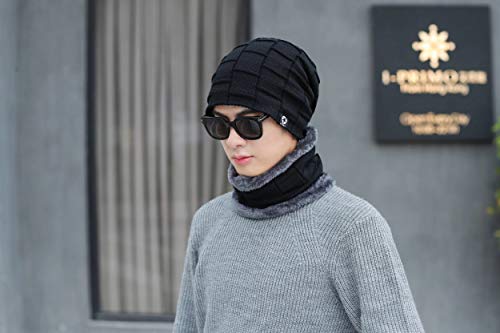 wersoa Men's and Women's Advance Quality 2 Pieces Winter Beanie Cap Neck Scarf Set Warm Knitted Fur Lined (Black)