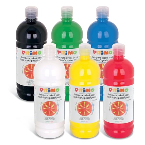 Primo - Temperfarben für Kinder 6 Gouache Farben Set für Kinder ab 3 Jahren 1L mit Spender, Temperafarben zum Bemalen von Papier, Stoff, Glas, Malerei, Kreatives Basteln und Schulmaterial