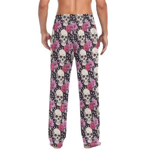 Men's Pajama Pants Skull Pink Roses Pajama Pants for Men PJs Bottoms Drawstring Pockets Sleep Lounge Pants S2