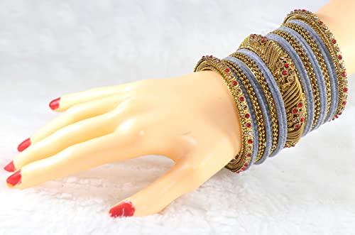 Image of NMII Metal with Zircon Gemstone and Beads Studded Ball Chain Linked Glossy Finished Velvet Bangles Chuda set for Women and Girls