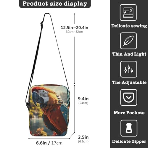 Crossbody Bag Realistic Parrot Print, Multiple Pockets Zipper Closure Messenger Bags Pouch with Phone Card Passport Compartment 6.6×9.4×2.5 IN3
