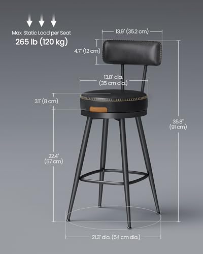 Image of VASAGLE EKHO Collection - Bar Stools Set of 2, Swivel Counter Height Bar Stools with Back, Synthetic Leather with Stitching, Mid-Century Modern, 25.6-Inch Tall Barstools, Ink Black ULBC089B01V2