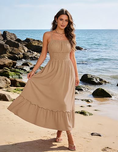 Image of GRACE KARIN Women's Summer Maxi Dress 2026,Smocked Ruched Bust Sundress with Adjustable Straps & Pockets-Beach Vacation Dress