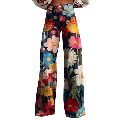 Jeans acampanados con estampado de flores para mujer, estilo