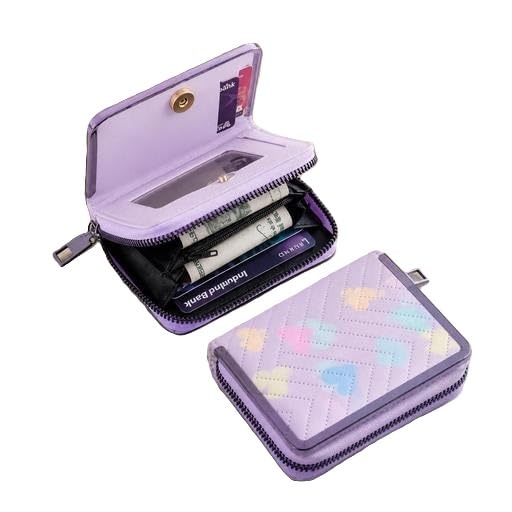 WOFIER Printed Mini Zip Wallet for Women & Girls Heart Pattern PU Leather Compact Purse with Card Holder Coin Pocket Purple Free Size-image-23