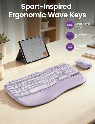 Image of Purple MA31 Ergonomic Wireless Keyboard and Mouse Combo, Full Size Wave Key | Memory Foam Leather Wrist Rest, Stable 2.4GHz Wireless, 6-Button Mouse, USB-A /USB-C Adapter for Office Computer Laptop Tablet