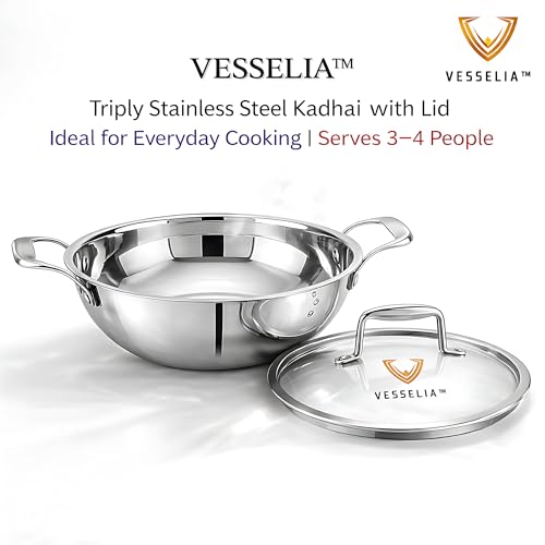 Image of Triply Stainless Steel Kadai with Lid 24 cm (2.5L) | Heavy Bottom | Induction & Gas Compatible | Mirror Finish | Ideal for Cooking & Frying