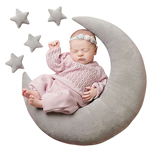 Image of M&G House Newborn Photography Posing Pillow Crescent Moon Pillow Star Pillows Posing Beans Moon Pillow Stars Set Infant Boy Girl Baby Picture Prop(Gray)