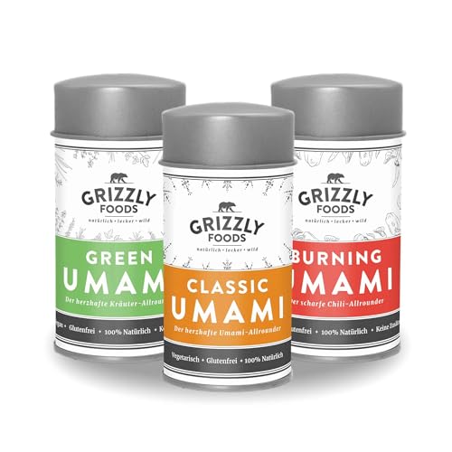 Grizzly Foods UMAMI Gewürze Probierpaket Alle 3 Sorten Allrounder für alle Gerichte Natürlicher Geschmacksverstärker Gewürzmischung Umami-Gewürz Kräutergewürz Chiligewürz
