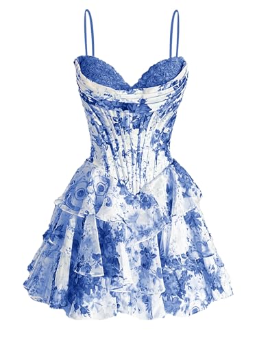 symdem Tiered Floral Chiffon Short Homecoming Dresses 2026 Spaghetti Straps Sleeveless Blue Formal Gown Corset Tiered Ruched Mini Prom Dress 0